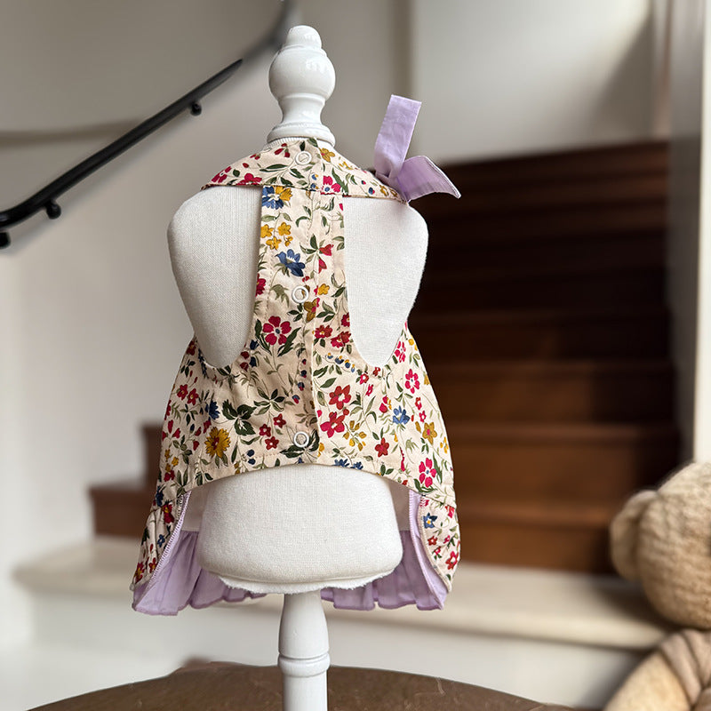 Halter Vintage Floral Cotton Puppy Dress with Lilac Gem Bow for Small Girl Dogs