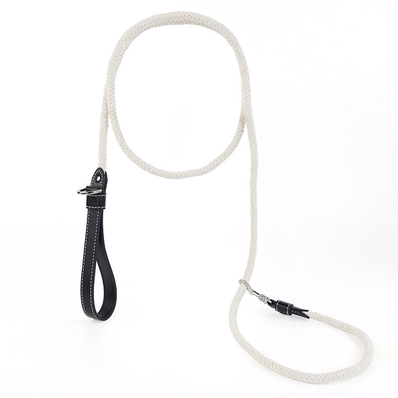 Braided Cotton Rope Dog Leash with Genuine Leather Handle Heavy Duty Anti-Pull Walking Lead Soft Comfortable Pet Training Leash