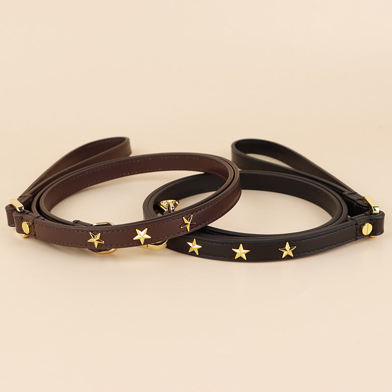 Genuine Leather Dog Leash with Gold Star Studs Luxury Soft Leather Puppy Walking Lead Pet Leash for Small Medium large Dogs