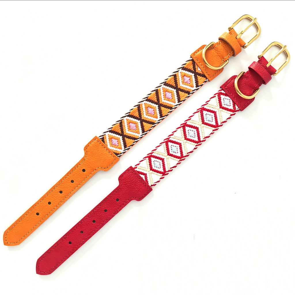 genuine Leather with 3.8cm wide webbing Dog Collar and Leash Geometric Woven Adjustable Pet Collar dog Walking Collar Leash
