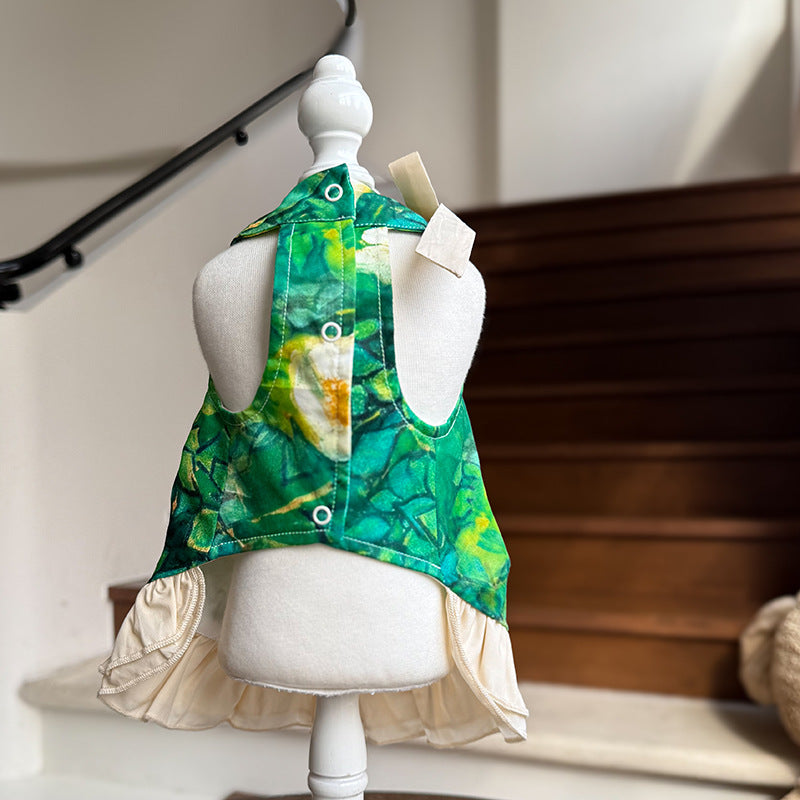 Cotton Green Floral Dog Ruffle Dress with Bow & Emerald Rhinestone Princess Outfit for Maltese Yorkie Shih Tzu Bichon Birthday Wedding Party Wear