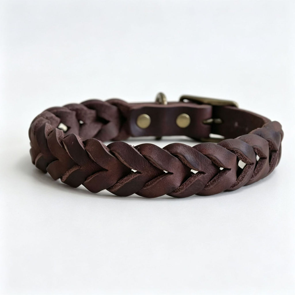 Hand Braided Genuine Leather Dog Collar with Solid Brass Hardware Heavy Duty Anti-Pull Adjustable Real Leather Collar for Small Medium Dogs