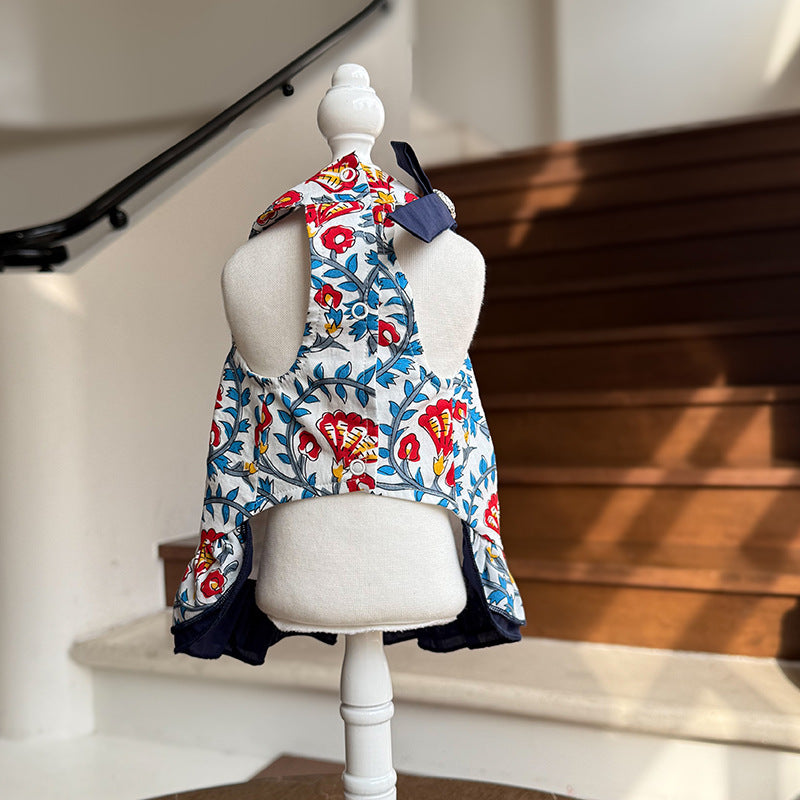 Bohemian Floral Cotton Dog Dress with Navy Ruffle Bow & Sparkling Rhinestone Accents Lightweight Princess Outfit for Small Breeds