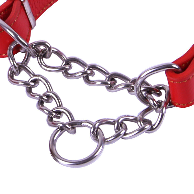 Genuine Leather Martingale Dog Collar Stainless Steel dog Half Check Training P Chain Collar Adjustable Heavy Duty Pet walking collar