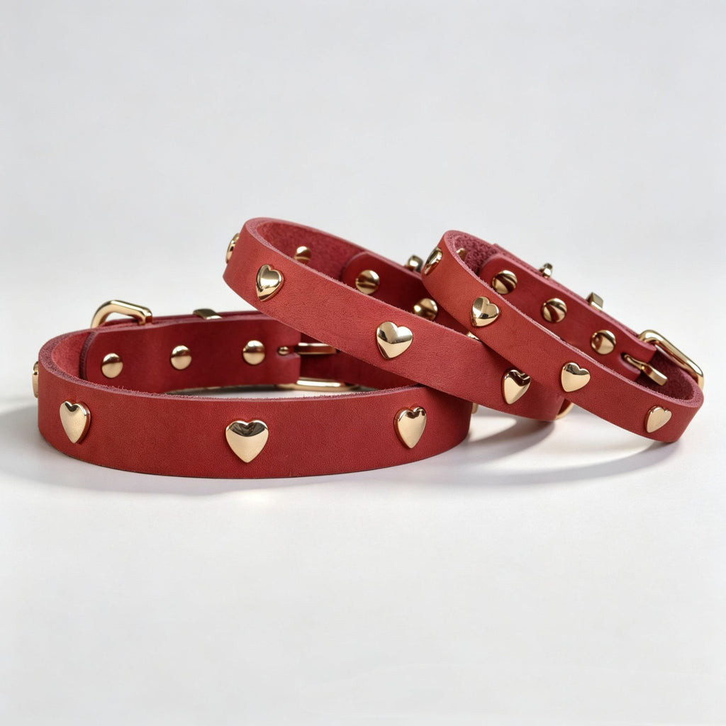 Genuine Full-Grain Leather Dog Collar Gold Heart Rivets Decor adjustable Pet Collar heavy duty no pull dog walking collar