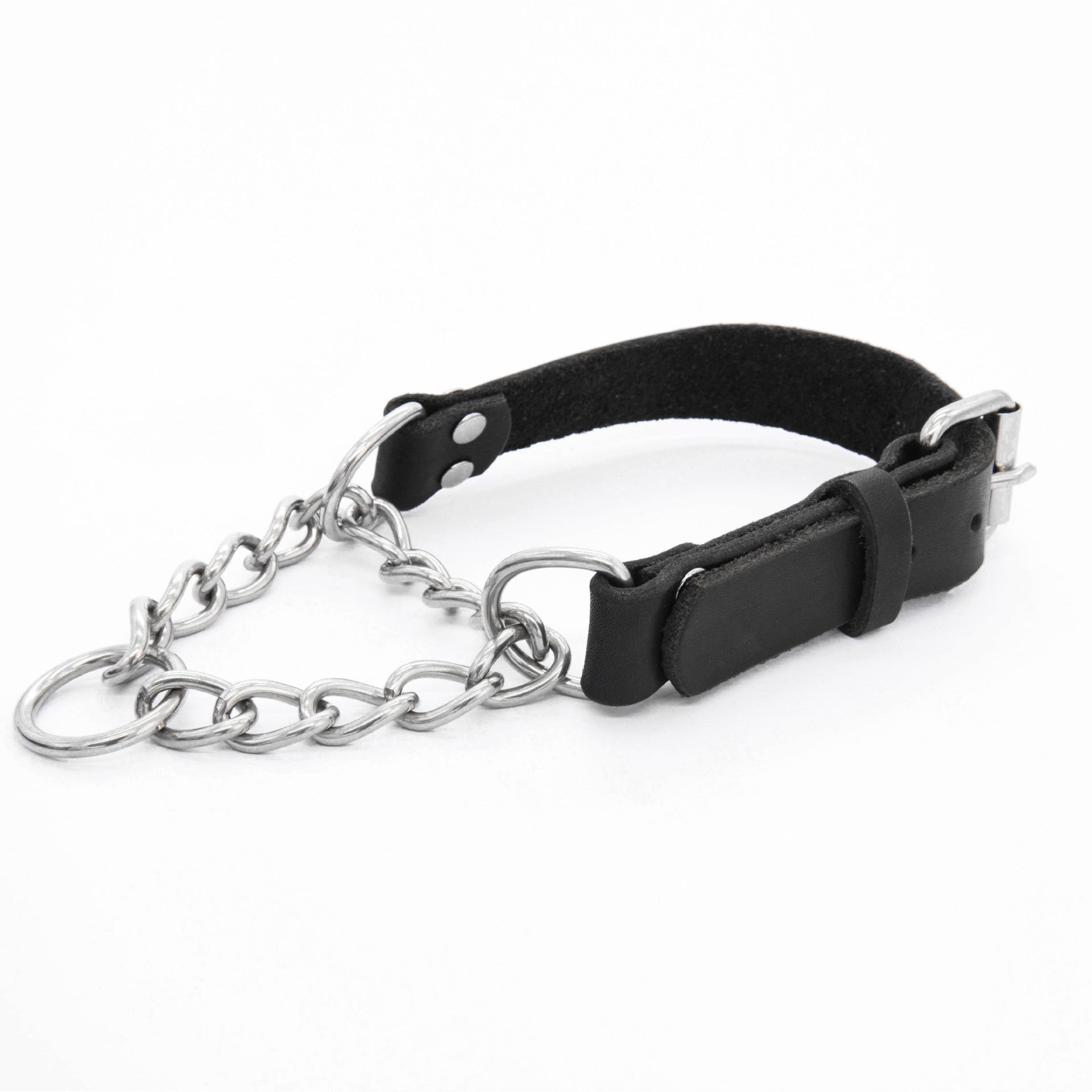 Genuine Full Grain Leather Martingale Dog Collar Adjustable Stainless Steel Chain No Pull Training Collar for Medium Large Dogs