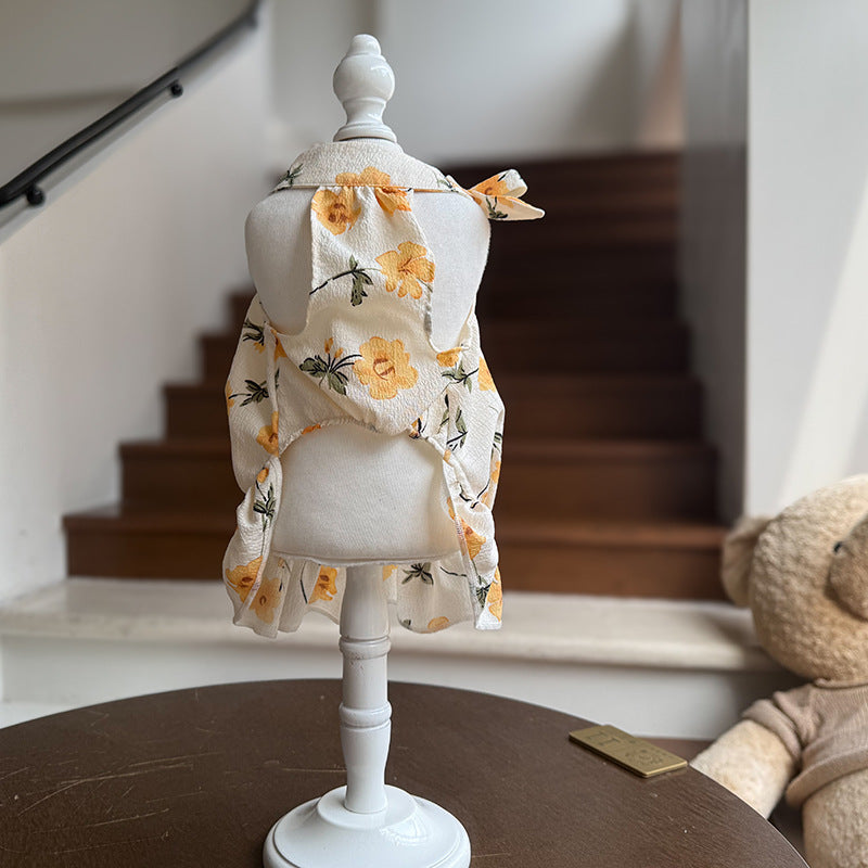 Cotton Yellow Floral Sling Dog Dress with Bow & Rhinestone ruffle Princess Outfit for Maltese Yorkie Shih Tzu Bichon  Birthday Wedding Party Pet Costume