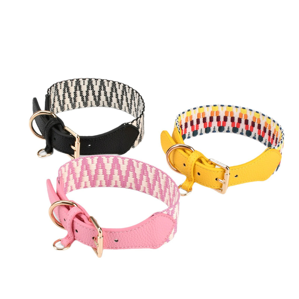 4cm Wide striped Webbing Dog Collar and Leash Set Genuine Leather Trim Adjustable Pet Collar Jacquard Woven Boho Dog Collar