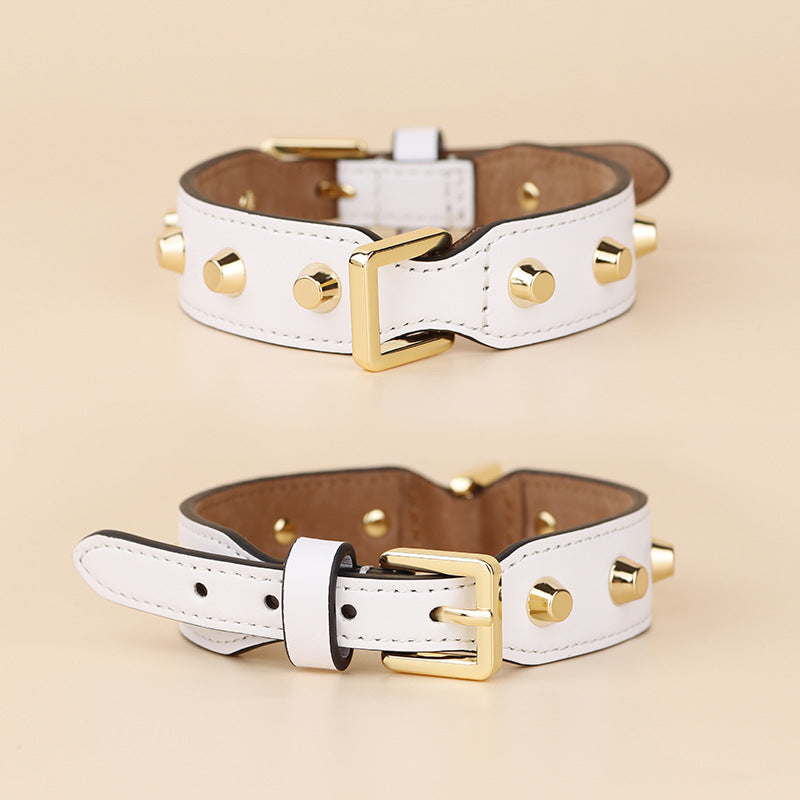 Genuine Leather Dog Collar with Gold Rivet Studs Adjustable Heavy Duty Collar for Small Medium Dogs pet walking training collar