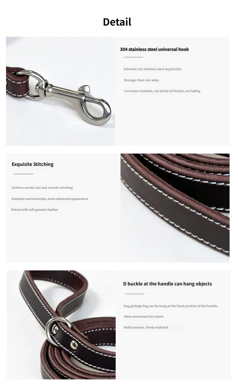Genuine Leather Dog Leash 1.5m (5ft) Heavy‑Duty full grain Leather dog Walking Leash with Solid Brass Hardware