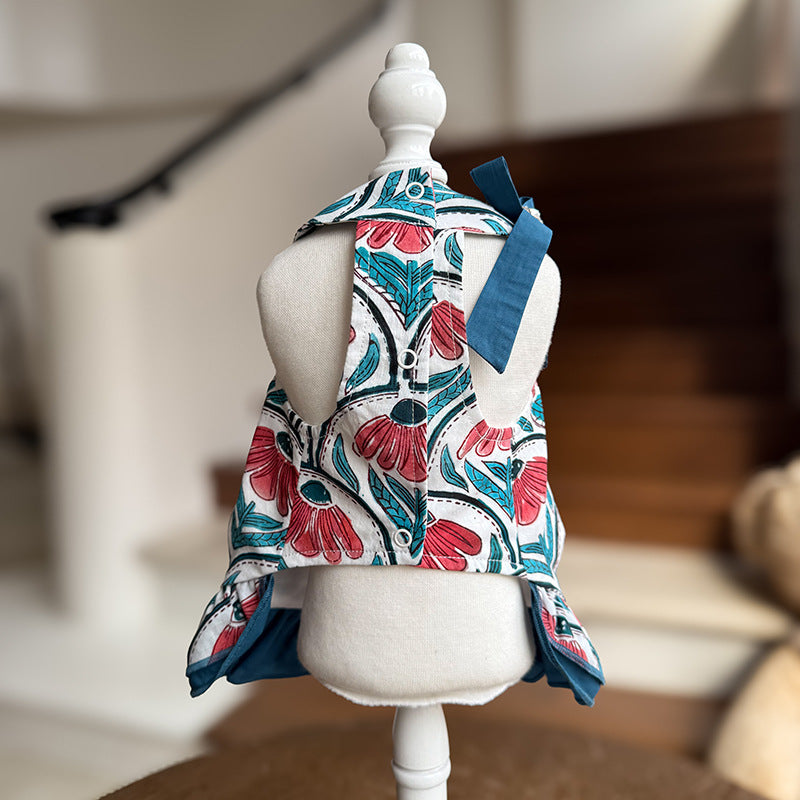 Bohemian Floral Cotton Dog Dress with Teal Ruffle Bow & Sparkling Rhinestone Accents  Lightweight Princess Outfit for Small Breeds