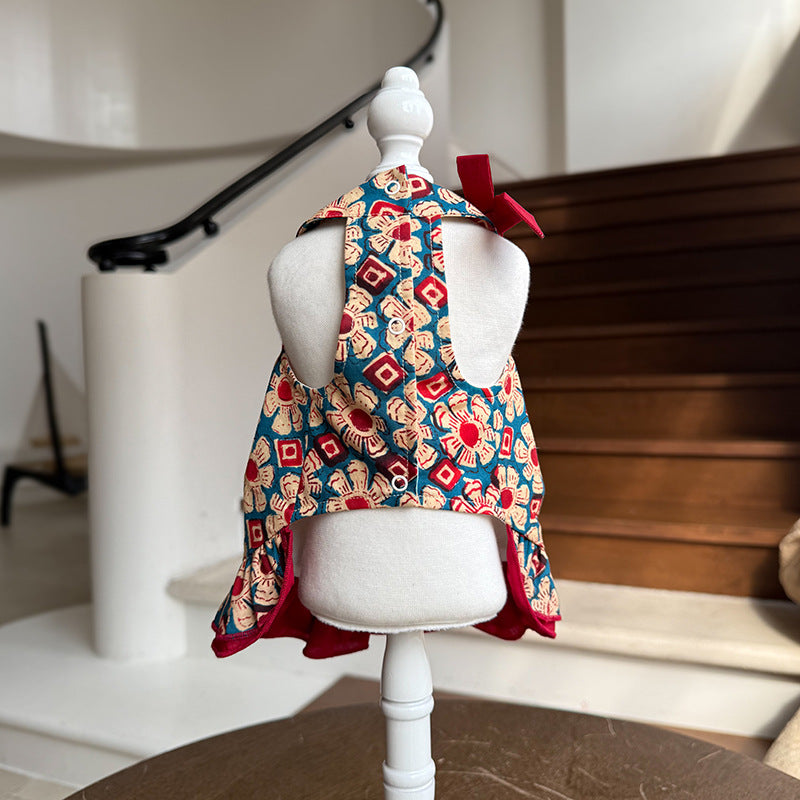 Vintage Floral Cotton Dog Dress with Red Ruffle Trim Bow & Jewel Accents Bohemian Princess Outfit for Small Dogs
