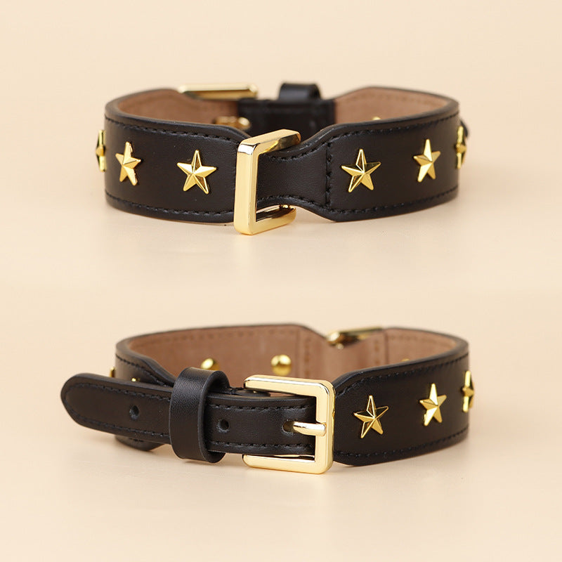 genuine Leather Pet Collar with Gold Metal Star Rivets Adjustable Soft Star Studded Leather Dog Collar wide Dog walking collar