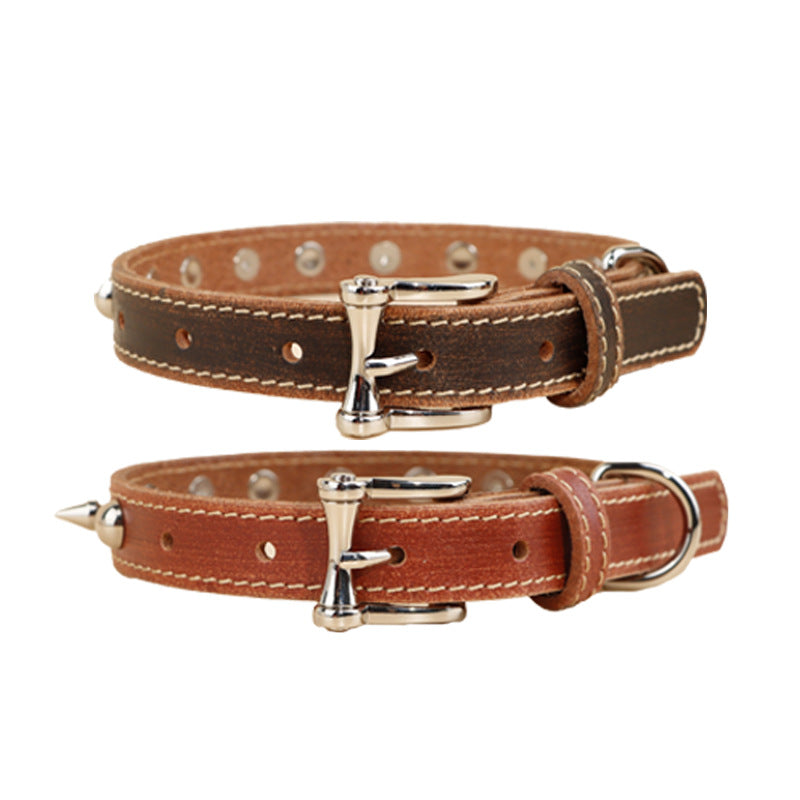 Genuine Leather Spiked Dog Collar Sharp Studded Anti-Bite Pet Collar Adjustable Heavy Duty Leather Collar for small medium dogs