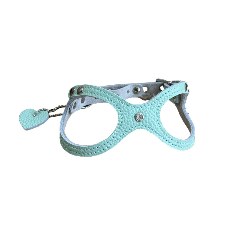 Genuine Leather Lightweight Pet Harness Cute Glasses Shaped Puppy Vest Harness with Heart Tag Adjustable Small Dog Cat Walking Harness