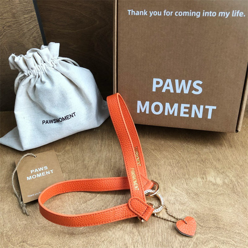 Genuine Leather Dog Leash Lightweight Two-Tone Pet Walking Lead with Rhinestone Ring & Heart Charm Adjustable Soft Leather Puppy Leash for Small Cats Dogs
