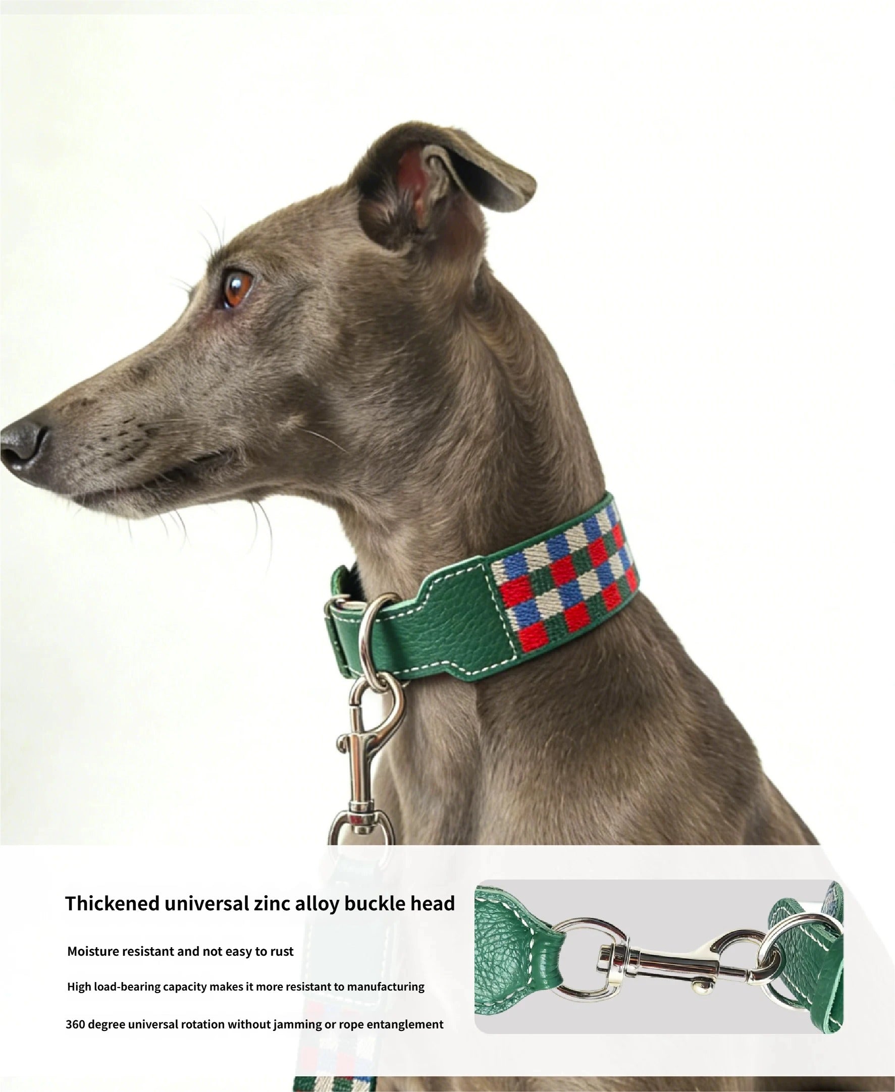 3.8cm Wide Genuine Leather Dog Collar Woven webbing Checkered Pet leash Boho style Adjustable Grid Dog Collar and leash