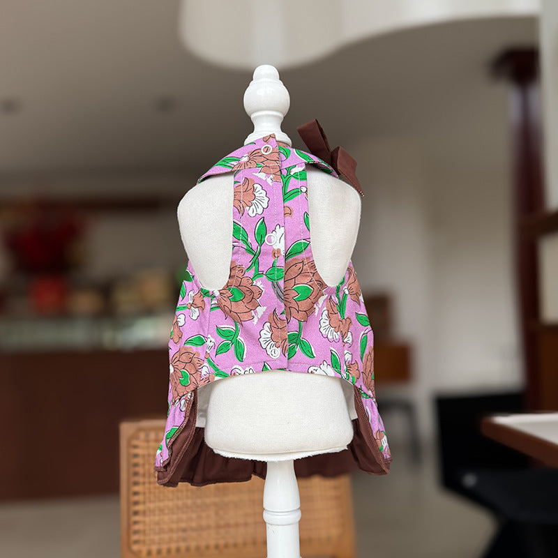 Halter Floral Cotton Puppy Party Dress with Gem Bow for Small Girl Dogs