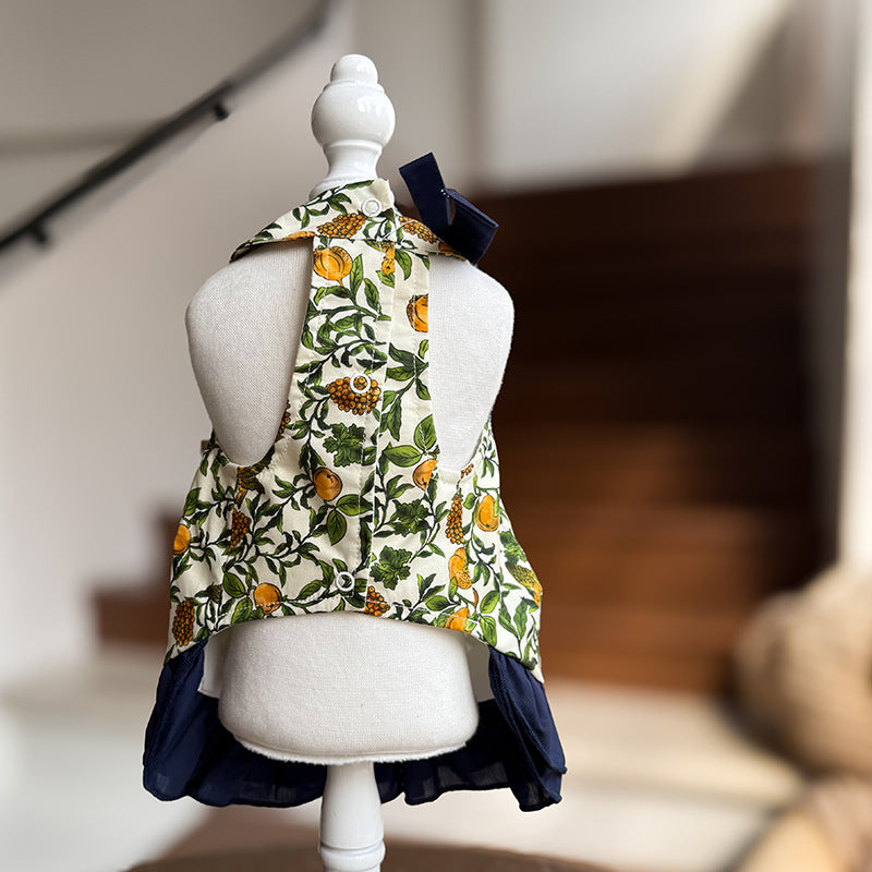 Cotton Dog Dress with Navy Ruffle Trim Bow & Jewel Accents Elegant Birthday Party Outfit for Small Breeds