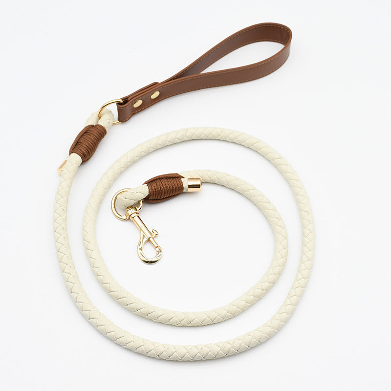 Hand Braided Rope Dog collar and Leash PU leather adjustable pet collar Multi-Functional Heavy Duty Walking Training Dog Leash