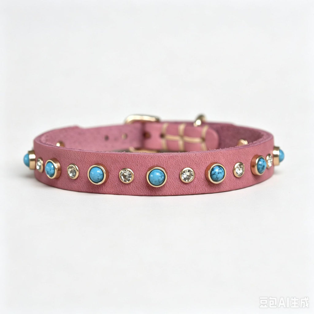 Genuine Leather Dog Collar Inlaid Turquoise & Rhinestones Handmade Soft full grain leather Collar for Small medium dogs