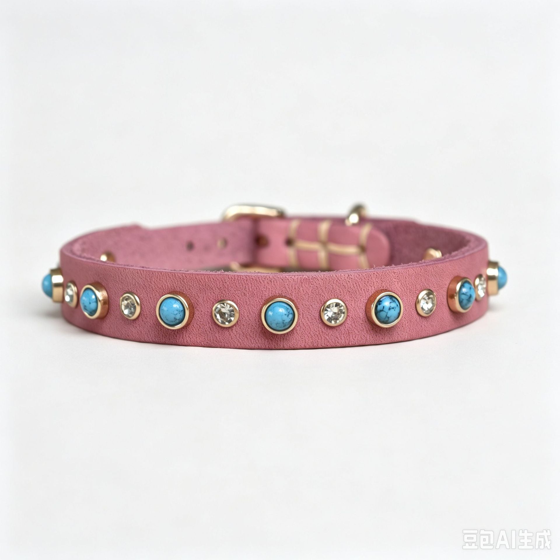 Genuine Leather Dog Collar Inlaid Turquoise & Rhinestones Handmade Soft full grain leather Collar for Small medium dogs