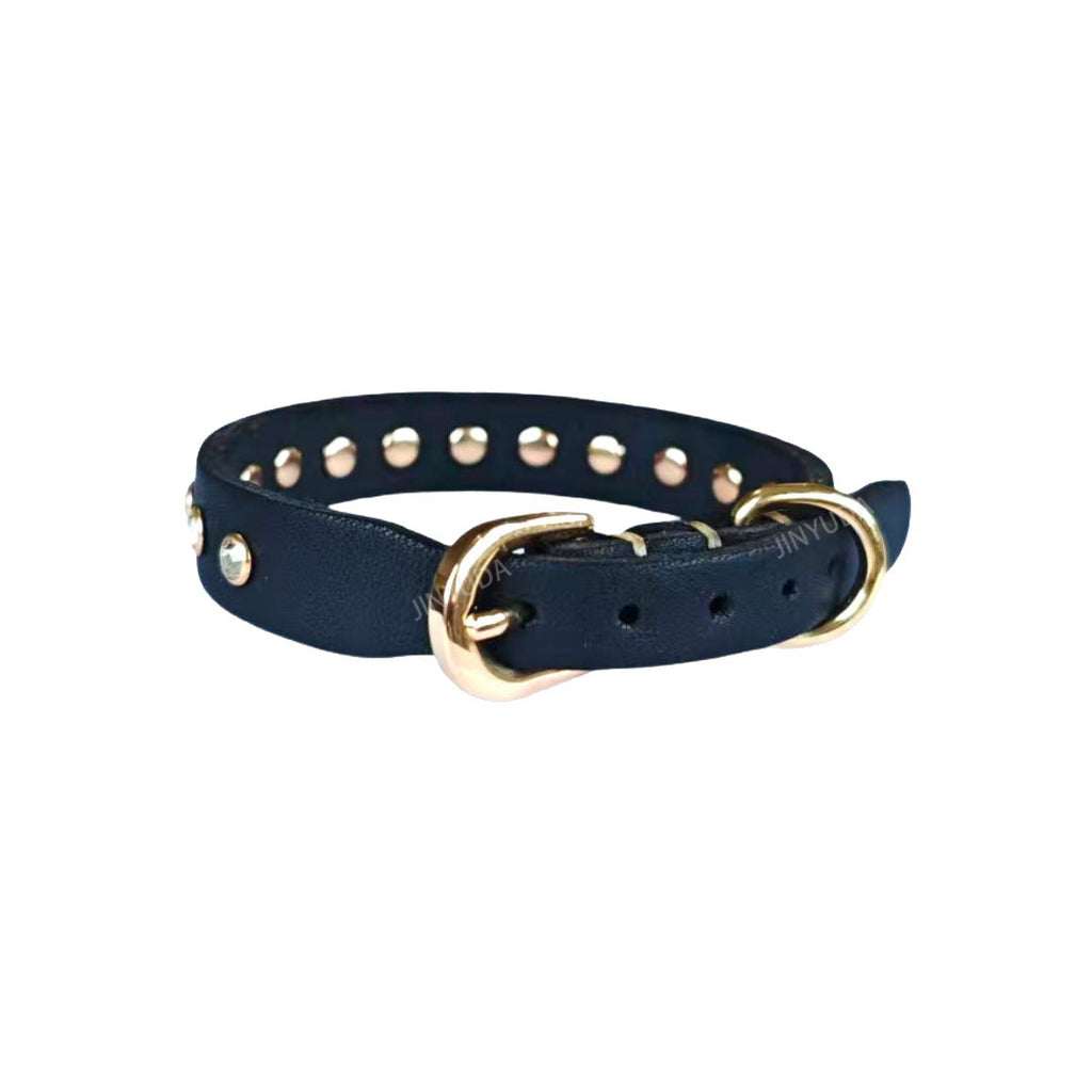 Genuine Leather Dog Collar with  Rhinestone Adjustable Soft Leather Pet Collar Durable no-pull Walking Collar for Small Dogs & Cats