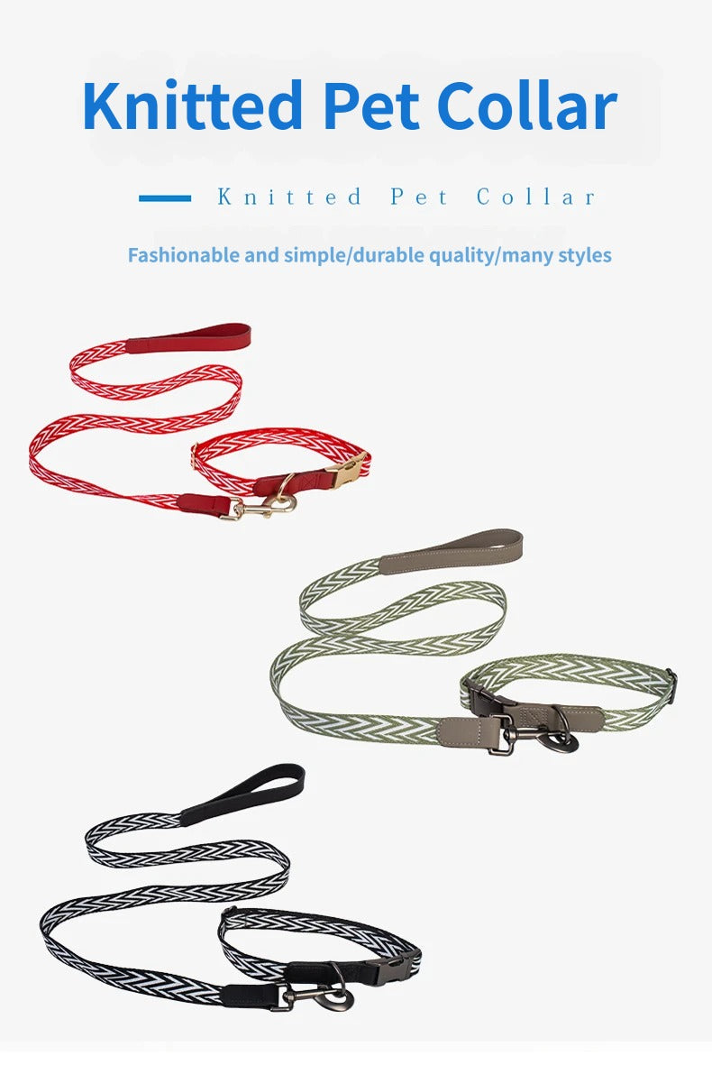 striped Webbing Dog Collar and Leash Set PU Leather Trim Adjustable Pet Collar Jacquard Woven Boho Dog Collar