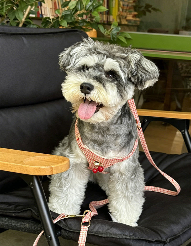 Cotton Dog Harness and Leash Set Plaid Cherry Pattern Lightweight pet vest harness Soft walking harness for small medium dogs