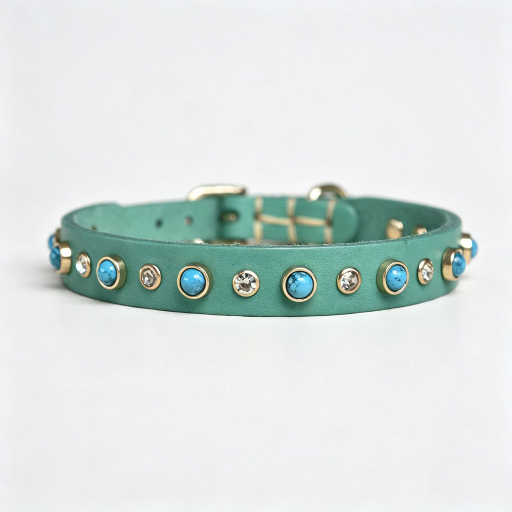 Genuine Leather Dog Collar Inlaid Turquoise & Rhinestones Handmade Soft full grain leather Collar for Small medium dogs