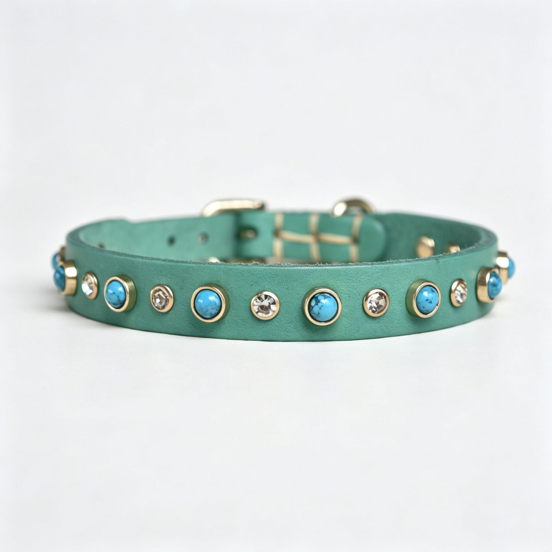 Genuine Leather Dog Collar Inlaid Turquoise & Rhinestones Handmade Soft full grain leather Collar for Small medium dogs