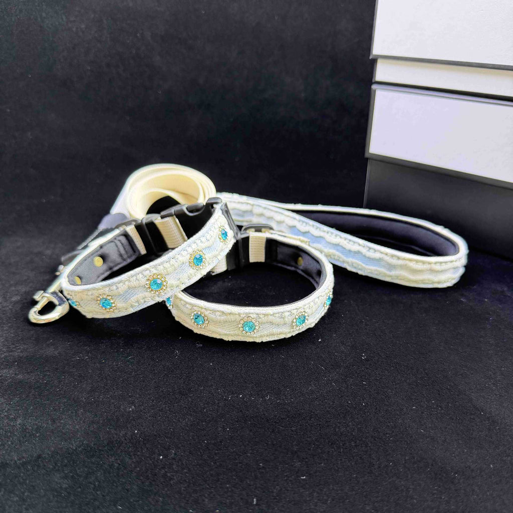 Soft Lace Embroidered Pet Collar with Rhinestone adjustable soft Dog Collar Heavy‑Duty Dog walking Collar