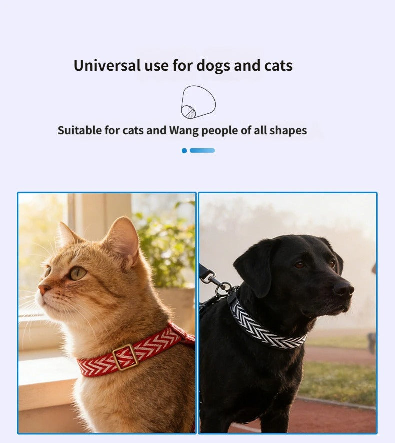 striped Webbing Dog Collar and Leash Set PU Leather Trim Adjustable Pet Collar Jacquard Woven Boho Dog Collar
