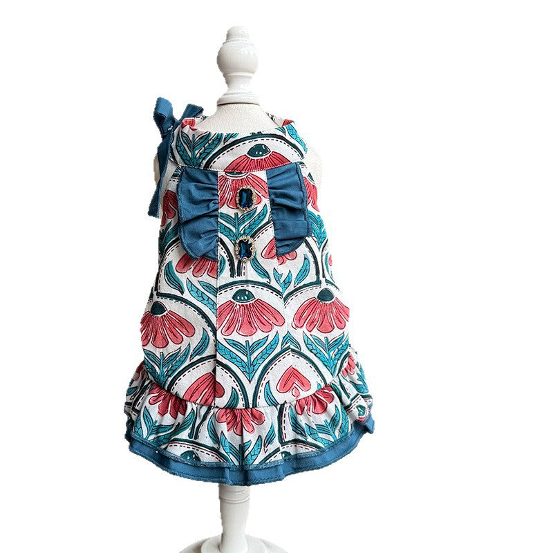 Bohemian Floral Cotton Dog Dress with Teal Ruffle Bow & Sparkling Rhinestone Accents  Lightweight Princess Outfit for Small Breeds
