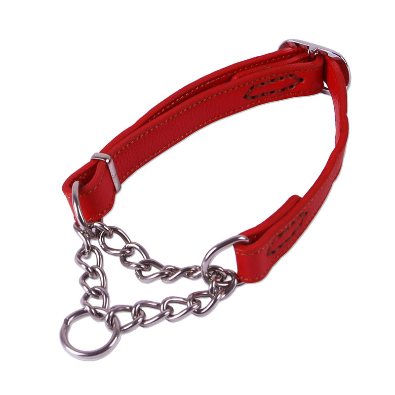 Genuine Leather Martingale Dog Collar Stainless Steel dog Half Check Training P Chain Collar Adjustable Heavy Duty Pet walking collar
