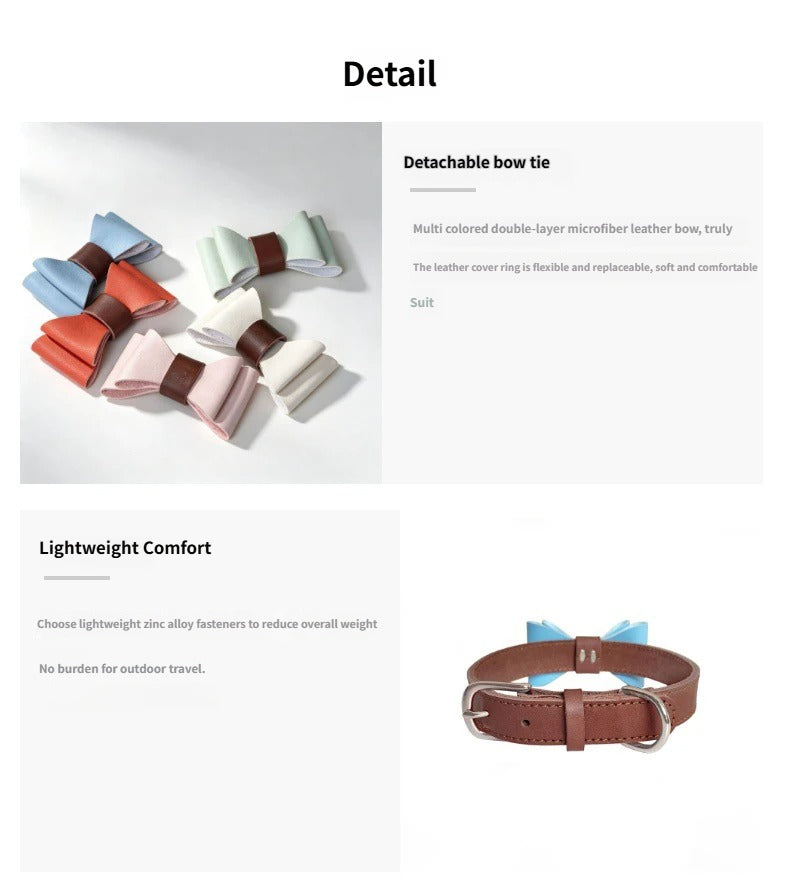 Genuine leather pet Dog Collar with Detachable Bow Tie Full‑Grain Heavy‑Duty Adjustable pet collar for small Medium Large dogs