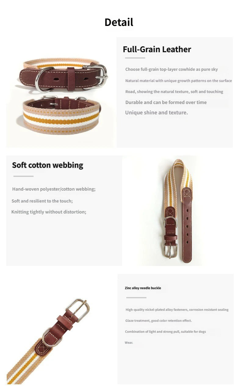 Full‑Grain Genuine Leather Dog Collar with Striped Cotton Webbing Adjustable Heavy Duty Anti‑Pull Pet Walking Collar