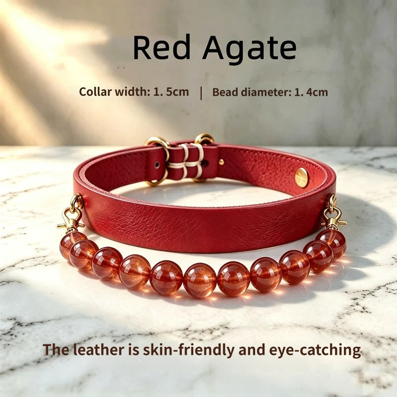 Stealth Stone Healing Crystal Beaded Dog Collar Genuine leather Natural gem Beaded Pet cat Necklace Pet Gift for Daily Wear