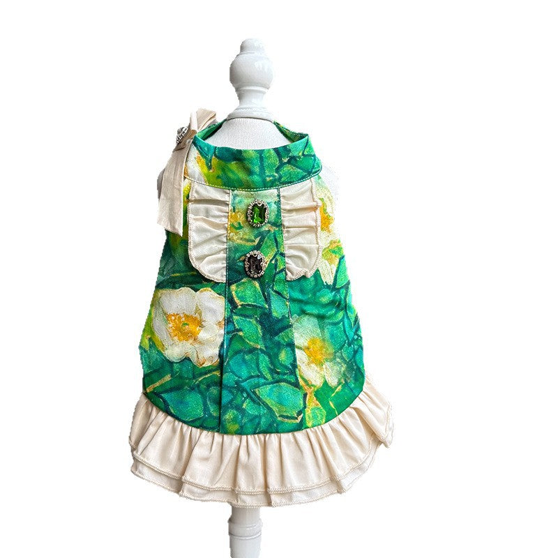 Cotton Green Floral Dog Ruffle Dress with Bow & Emerald Rhinestone Princess Outfit for Maltese Yorkie Shih Tzu Bichon Birthday Wedding Party Wear