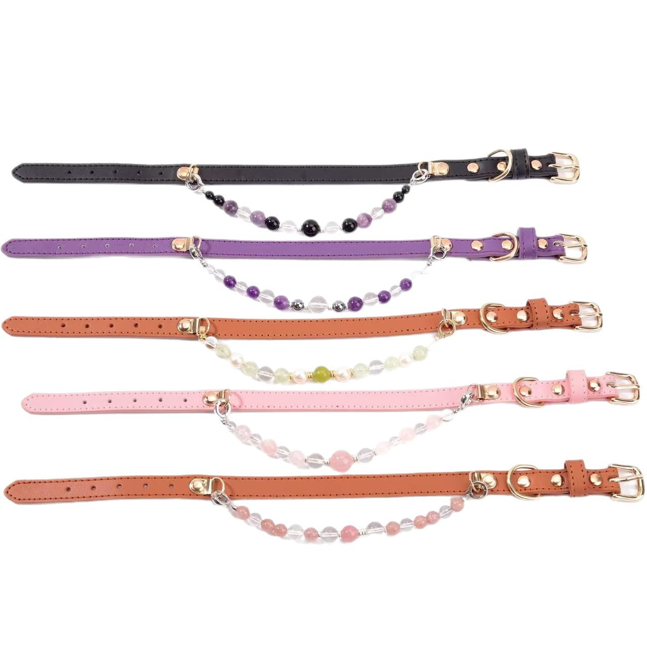 The collar strap is crafted from soft PU leather, adorned with beads made of genuine natural crystal.