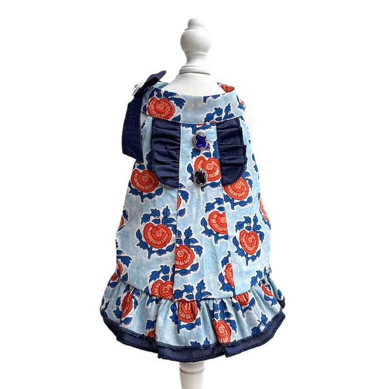 Floral Cotton Dog Dress Ruffle Rhinestone Bow Puppy Clothes Cute Summer Party Outfit for Small Medium Girl Dogs Teacup Chihuahua Yorkie
