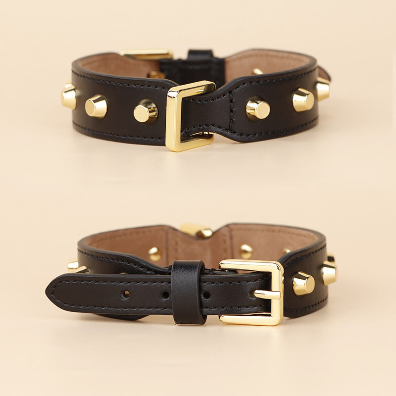 Genuine Leather Dog Collar with Gold Rivet Studs Adjustable Heavy Duty Collar for Small Medium Dogs pet walking training collar