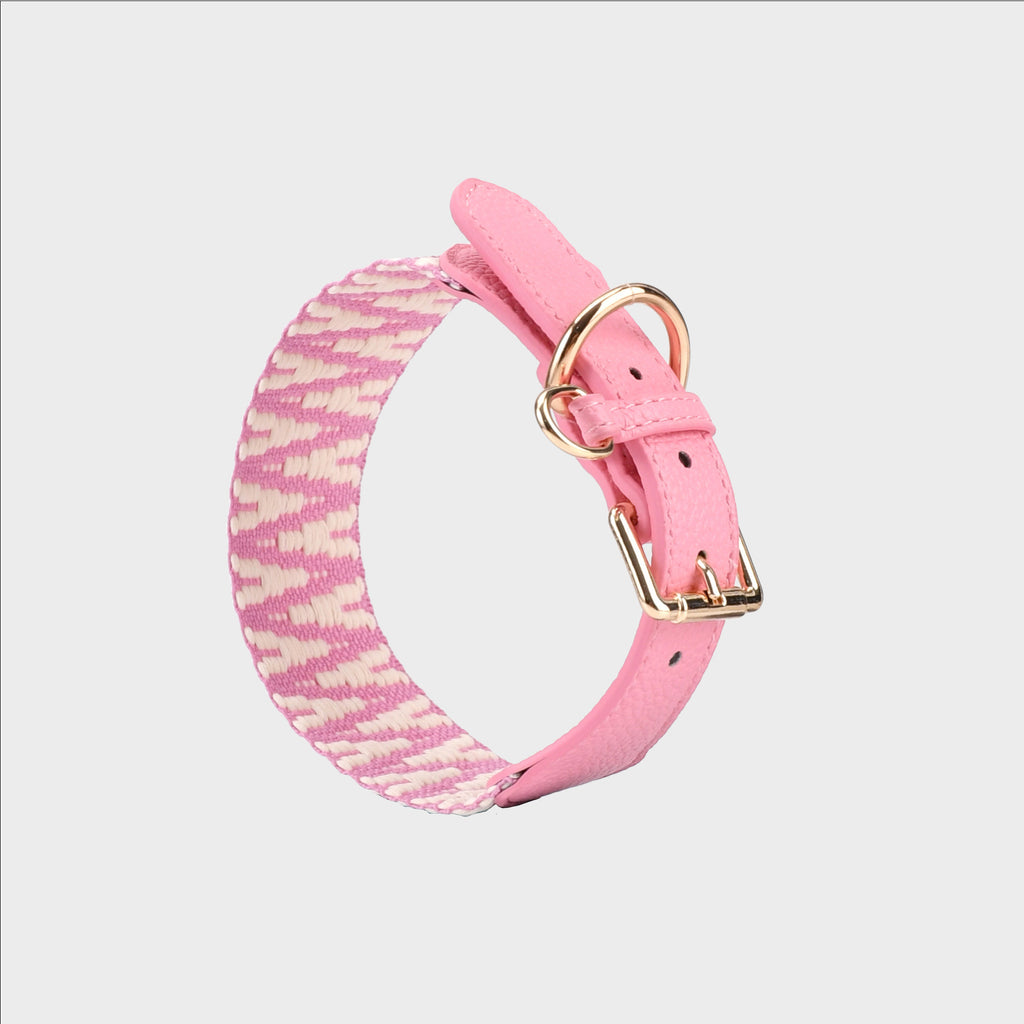 4cm Wide striped Webbing Dog Collar and Leash Set Genuine Leather Trim Adjustable Pet Collar Jacquard Woven Boho Dog Collar