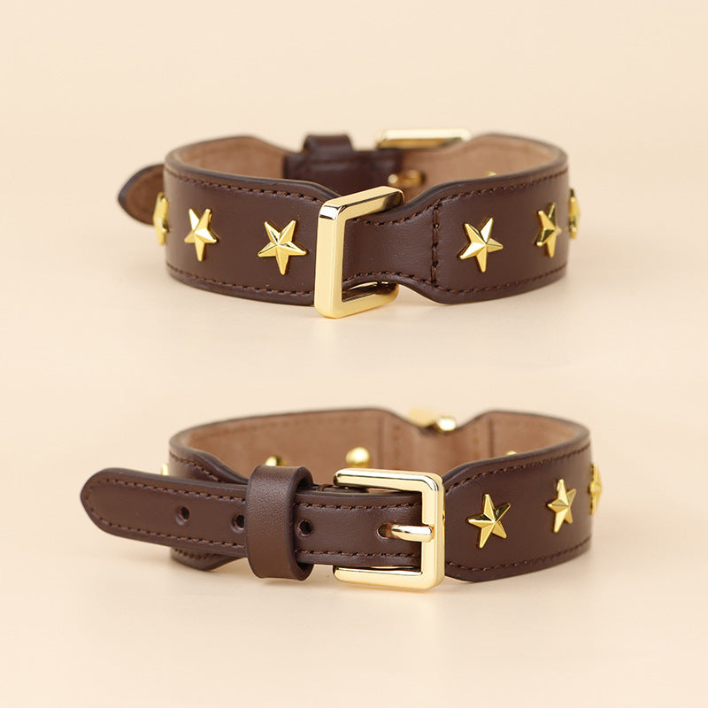 genuine Leather Pet Collar with Gold Metal Star Rivets Adjustable Soft Star Studded Leather Dog Collar wide Dog walking collar