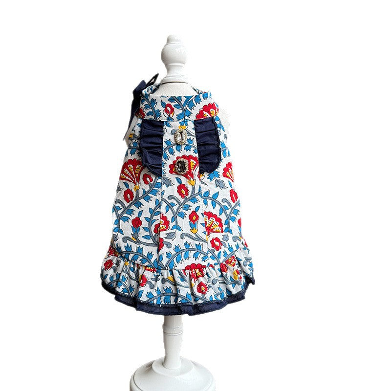 Bohemian Floral Cotton Dog Dress with Navy Ruffle Bow & Sparkling Rhinestone Accents Lightweight Princess Outfit for Small Breeds