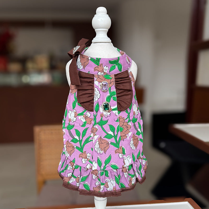 Halter Floral Cotton Puppy Party Dress with Gem Bow for Small Girl Dogs