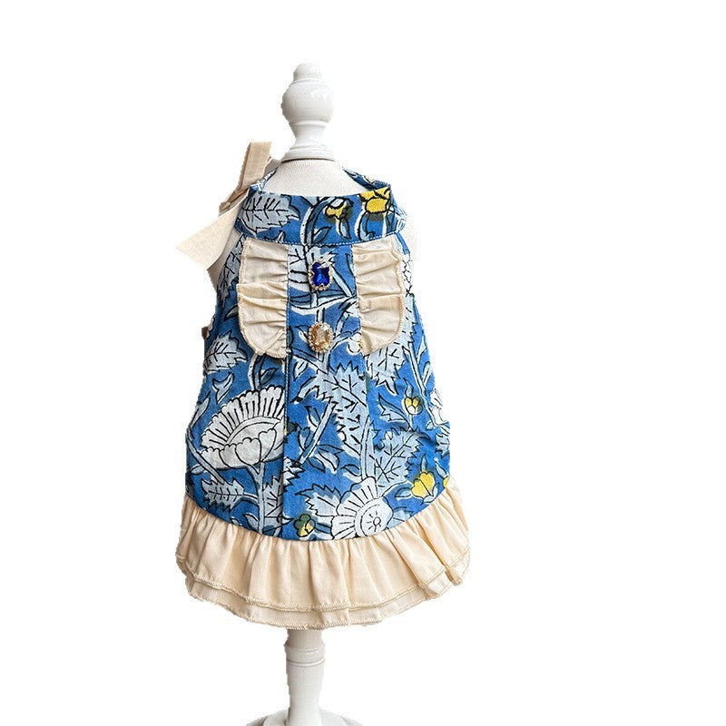 Cotton Dog Princess Dress with Ruffle Hem Bow & Jewel Accents  Elegant Outfit for Small Breeds Perfect for Birthdays & Weddings