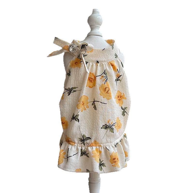 Cotton Yellow Floral Sling Dog Dress with Bow & Rhinestone ruffle Princess Outfit for Maltese Yorkie Shih Tzu Bichon  Birthday Wedding Party Pet Costume