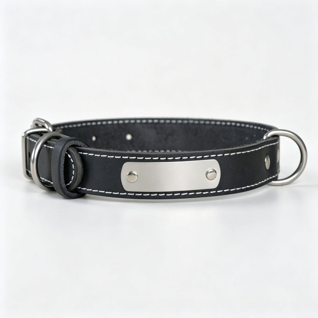 Genuine Leather Dog Collar with Custom Stainless Steel Name Plate Adjustable Heavy Duty Anti‑Pull Pet Collar for Daily Walking