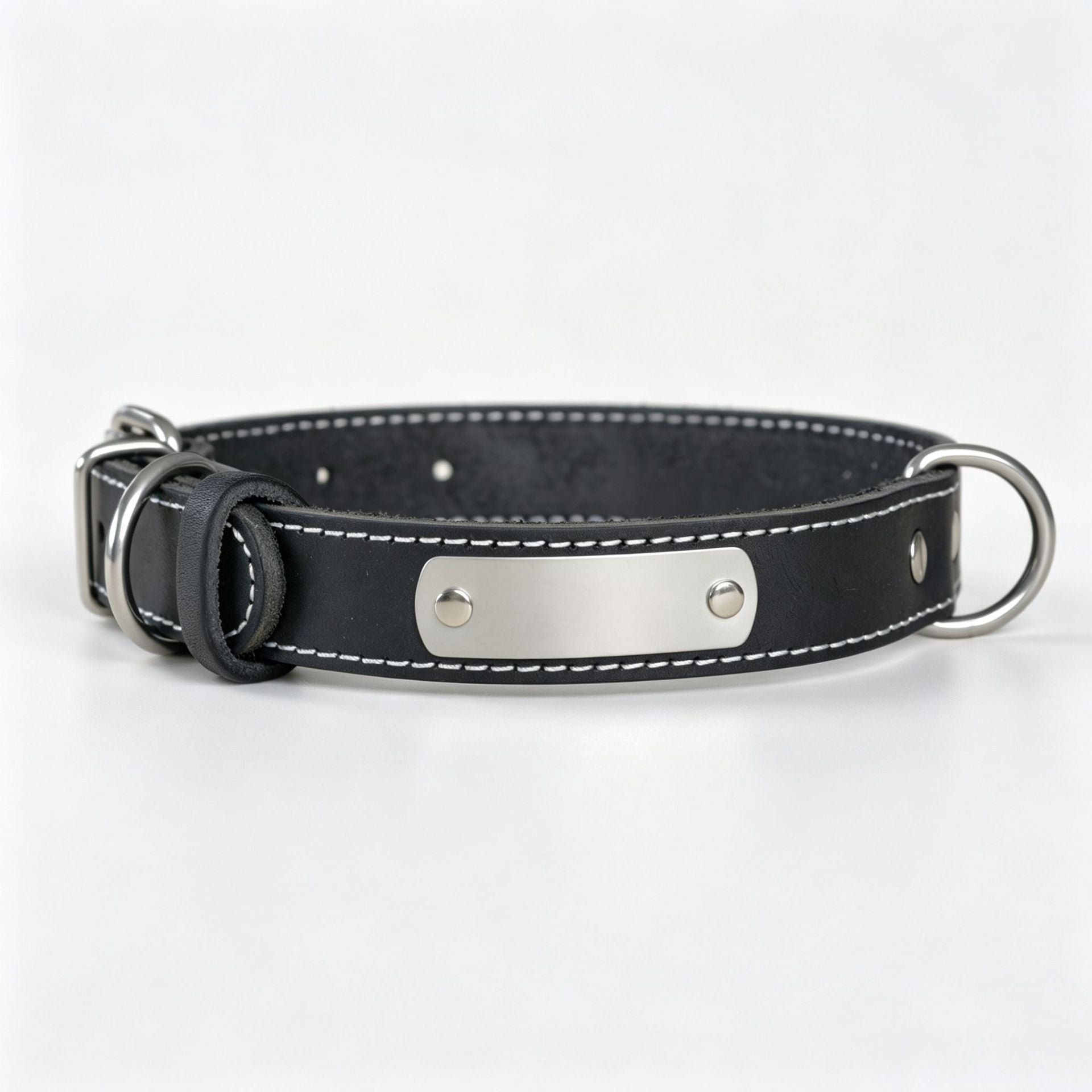 Genuine Leather Dog Collar with Custom Stainless Steel Name Plate Adjustable Heavy Duty Anti‑Pull Pet Collar for Daily Walking